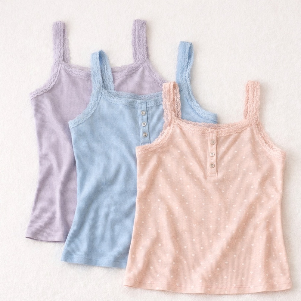 SO Lace trimmed Ribbed Henley Knit Camis SET OF 3 NEW sz M